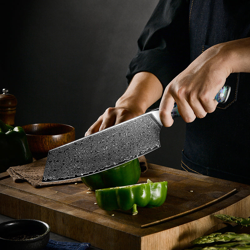 Ronin VG10 Damascus Cleaver Knife with Exotic Abalone Shell Composite Handle