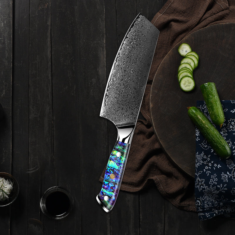 Ronin VG10 Damascus Cleaver Knife with Exotic Abalone Shell Composite Handle