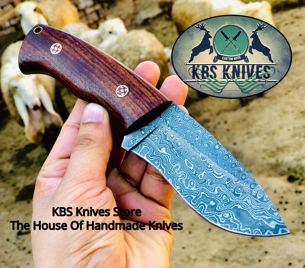 Damascus Steel Hunting Skinning Knife - Rosewood Handle, Full Tang Blade - 8.5 Inches - KBS Knives Store