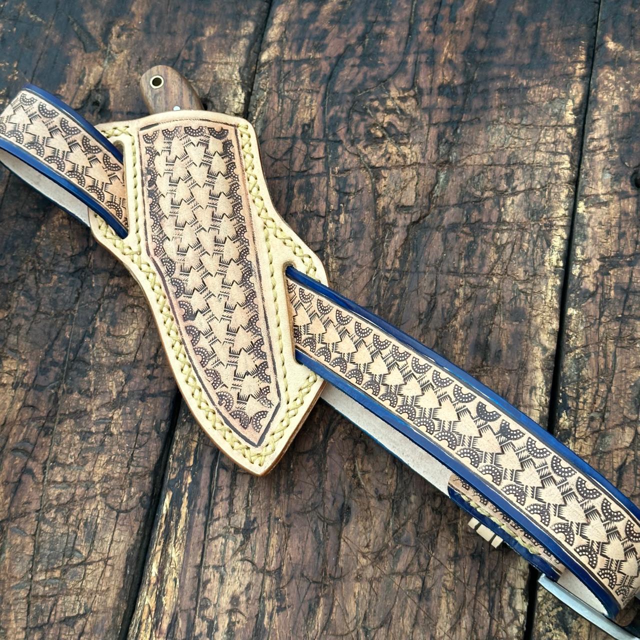 Desert Moon Handmade Damascus Skinner Knife with Handtooled Sheath & Belt
