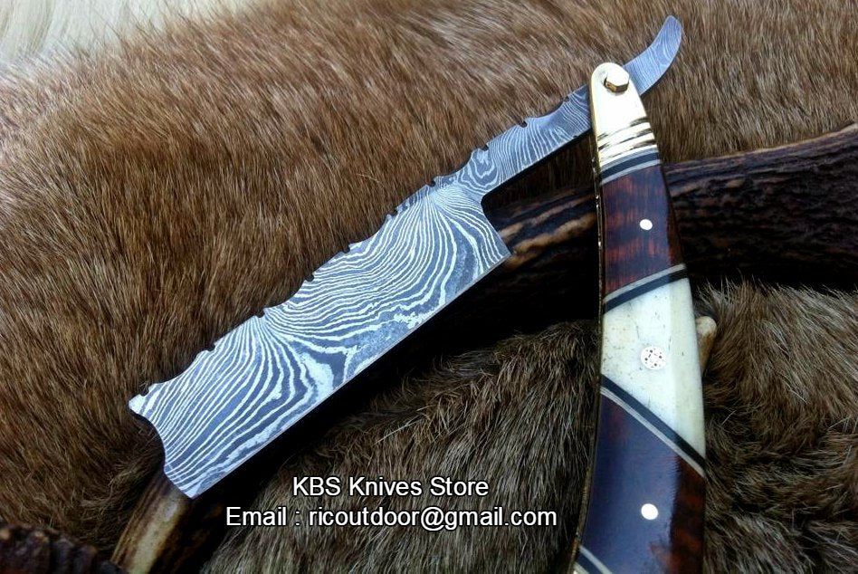 Antique Straight Razor with Damascus Steel Blade and Bone, Rosewood, and Brass Bolsters Handle - Includes Leather Case - Available Exclusively at KBS Knives Store