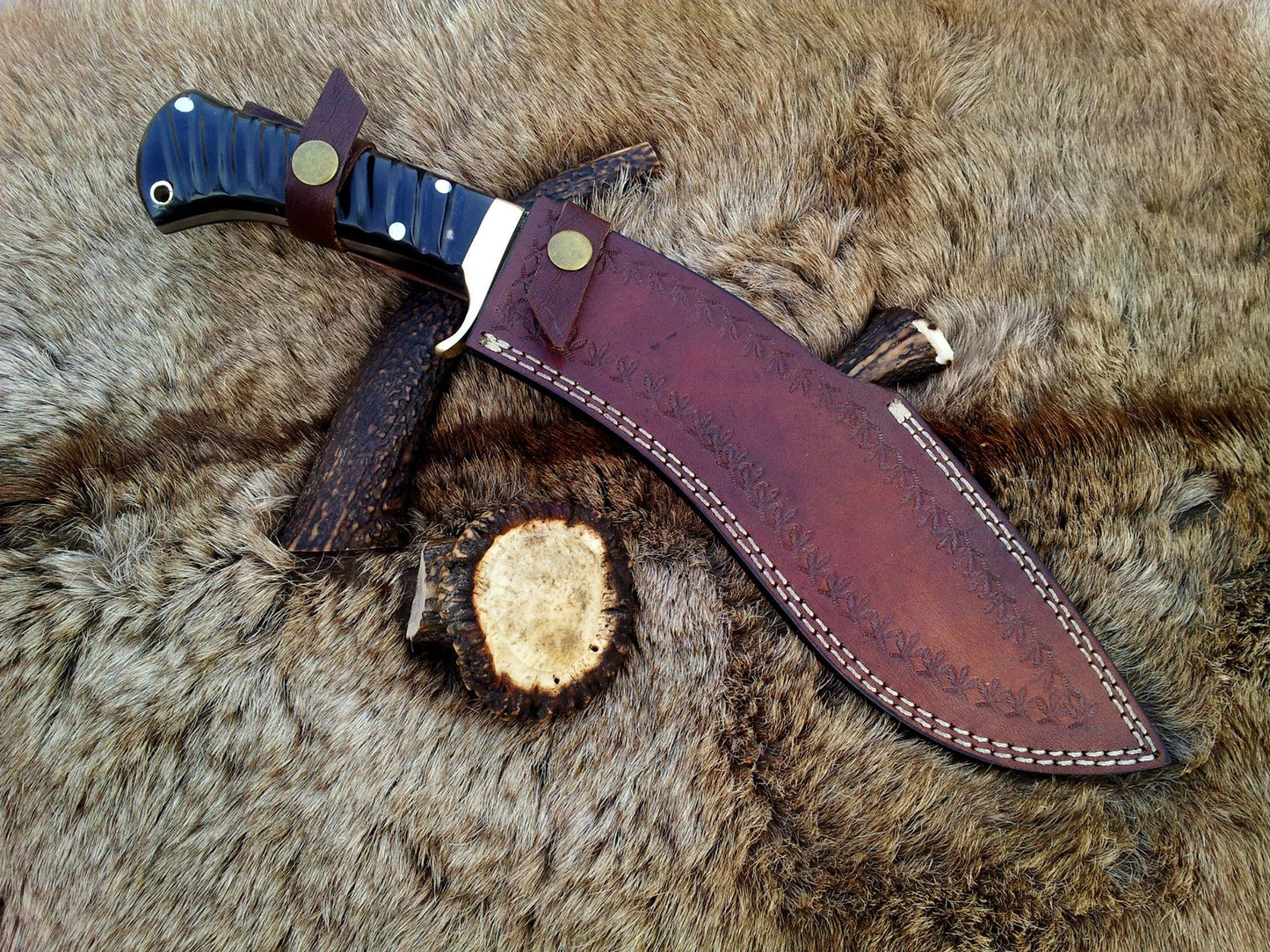 Damascus Kukri for Sale – 15" Buffalo Horn Handle