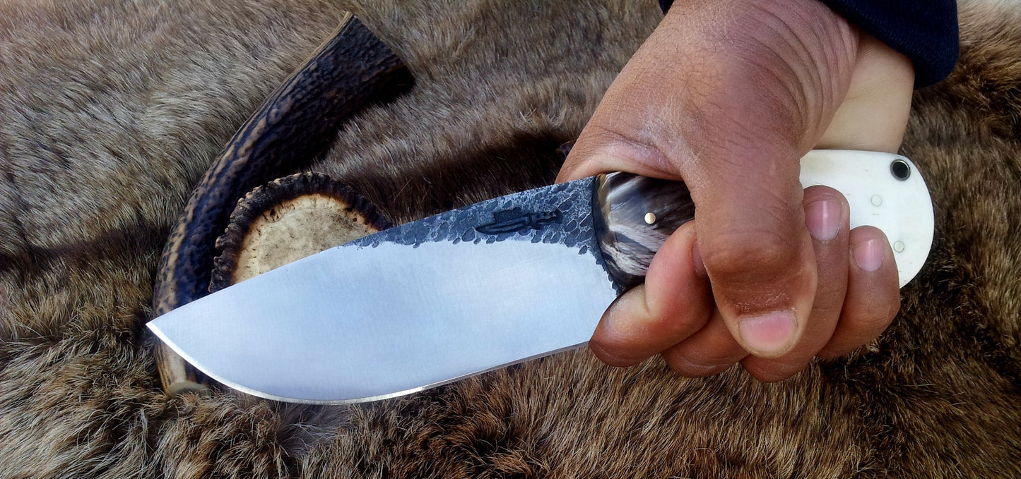 Custom Handcrafted 1095 Forged Steel Skinning Knife with Buffalo Horn and Camel Bone Handle - 8 Inch Hunting Knife