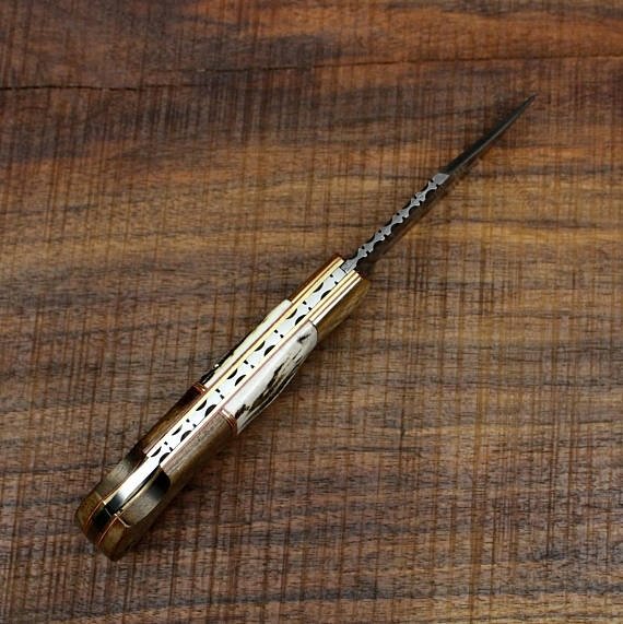 Custom Handmade Damascus Steel Folding Pocket Knife with Rosewood, Antler Horn, and Brass Bolster Handle and Leather Case