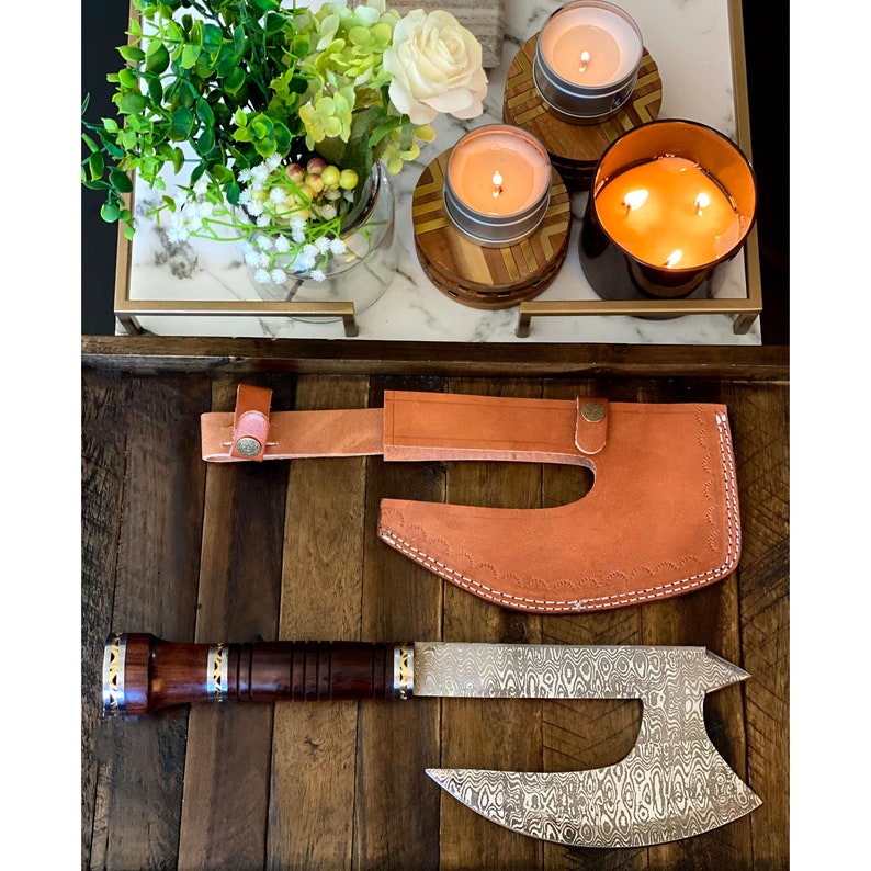 The Wilderness Companion: Damascus Steel Blade Axe with Rosewood Handle, Brass and Steel Spacers, and Leather Sheath