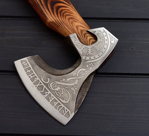 Viking Tomahawk for Sale - Engraved 1095 Forged Steel Blade, Ash Wood Handle with Leather Wrap, Leather Sheath - KBS Knives Store