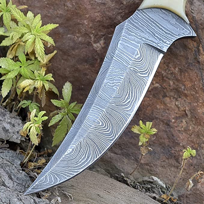 Good Skinning Knife Custom Handmade Full Tang Damascus Steel with Bone Handle, 8-inch - The Bonecrest