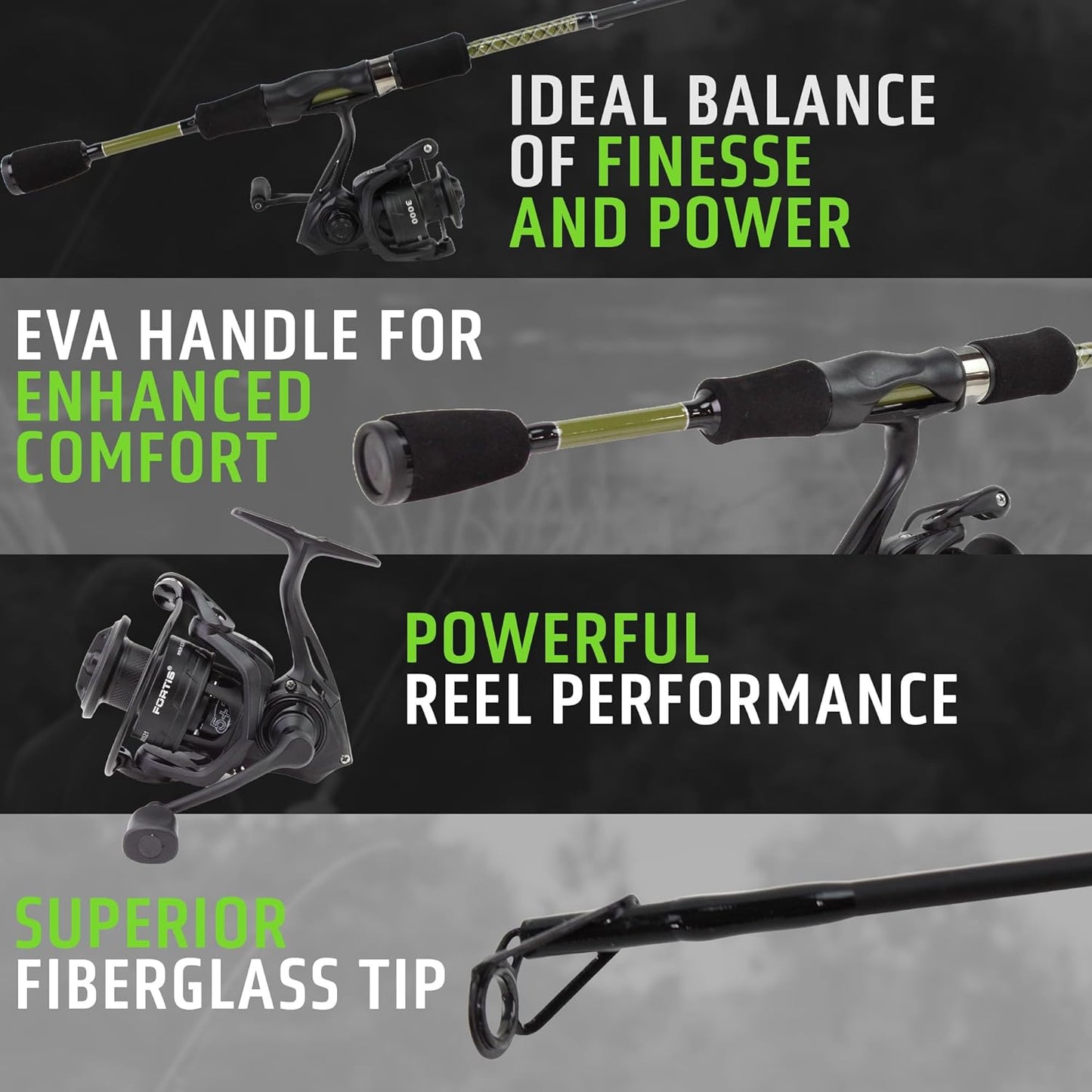 5'6" Light Action Spinning Rod and Reel Package, 2 Piece Fiberglass/Graphite Spinning Rod |3000 Spinning Reel | FORTIS
