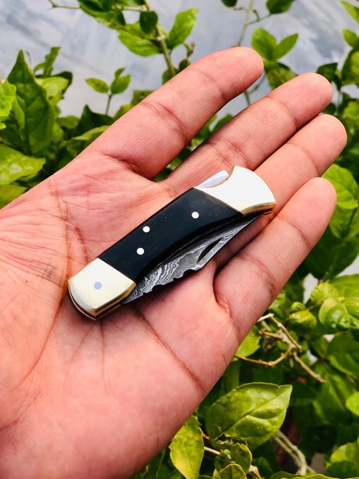 Custom Handmade Damascus Steel Small Folding Pocket Knife with Buffalo Horn Handle and Leather Case by KBS Knives Store.