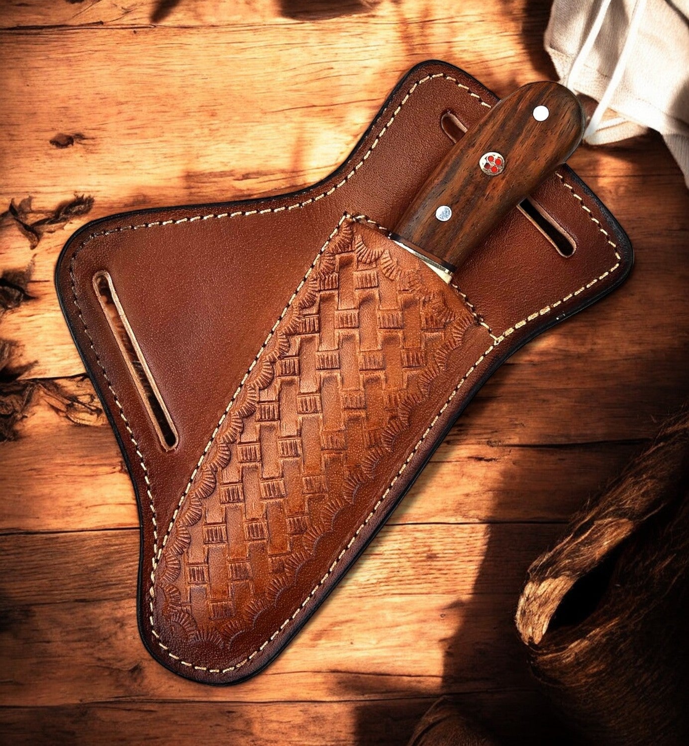 Bull Cutter Knife Sheath – Handmade Damascus Blade & Rosewood Handle | Custom Ranch EDC