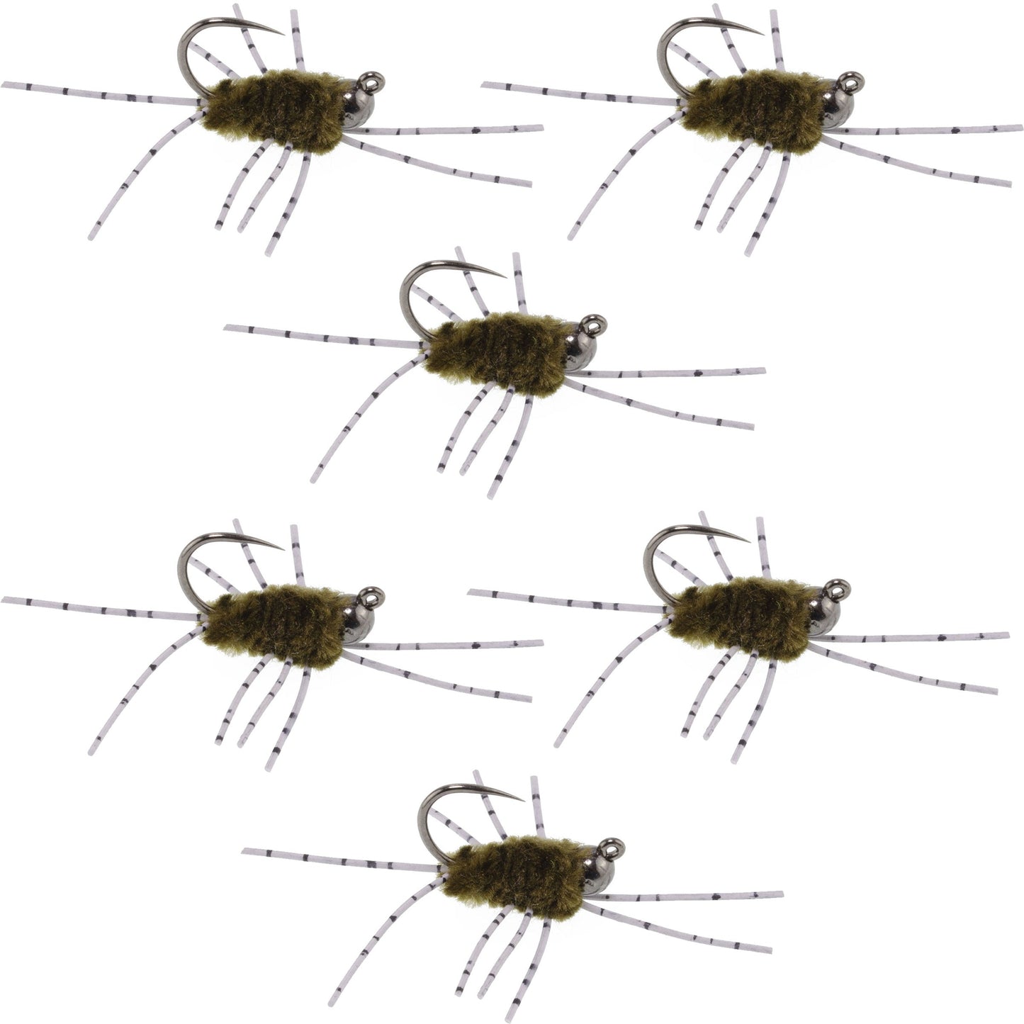 Barbless Pat's Barred Rubber Legs Tungsten Bead Jigged Dark Olive Euro Nymph - Set of 6 Flies Hook Size 6