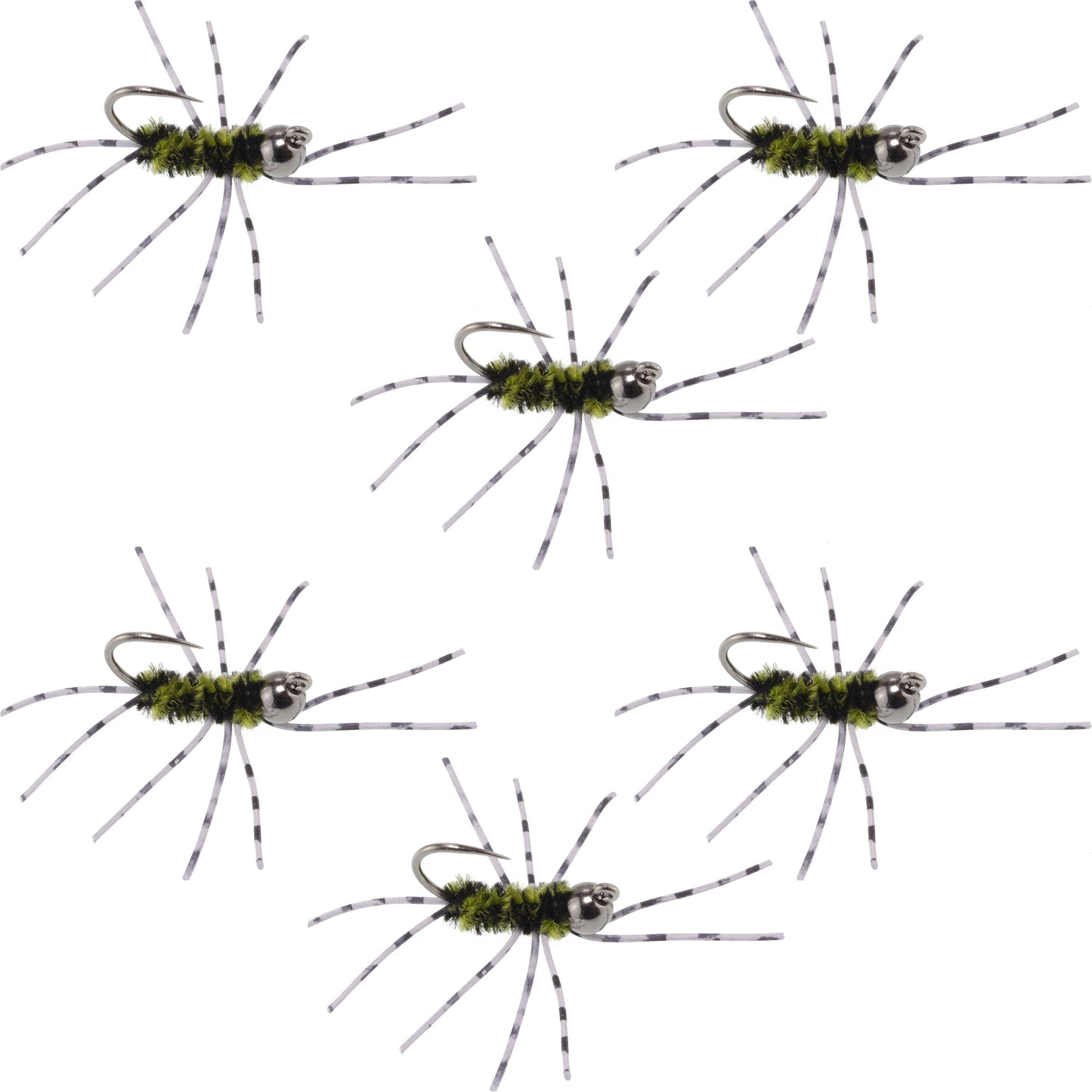 Barbless Pat's Barred Rubber Legs Tungsten Bead Jigged Black/Olive Euro Nymph - Set of 6 Flies Hook Size 6