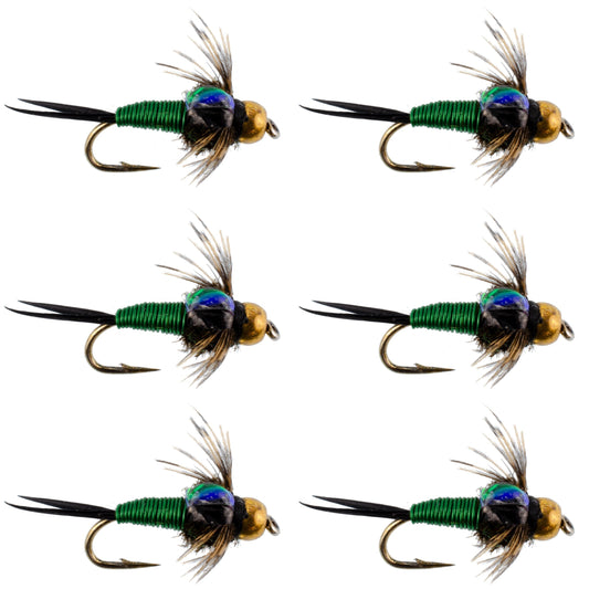 Bead Head Green Copper John Nymph Fly Fishing Flies - Set of 6 Flies Hook Size 18