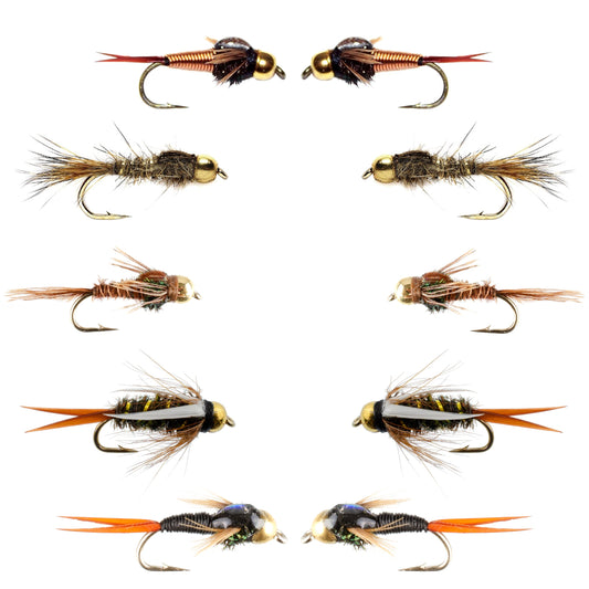Basics Collection - Copper John and Bead Head Nymph Assortment - 10 Wet Flies - 5 Patterns - Hook Sizes 10, 12, 14, 16