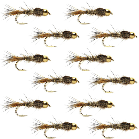 Bead Head Gold Ribbed Hares Ear Nymph 1 Dozen Flies - Size 14