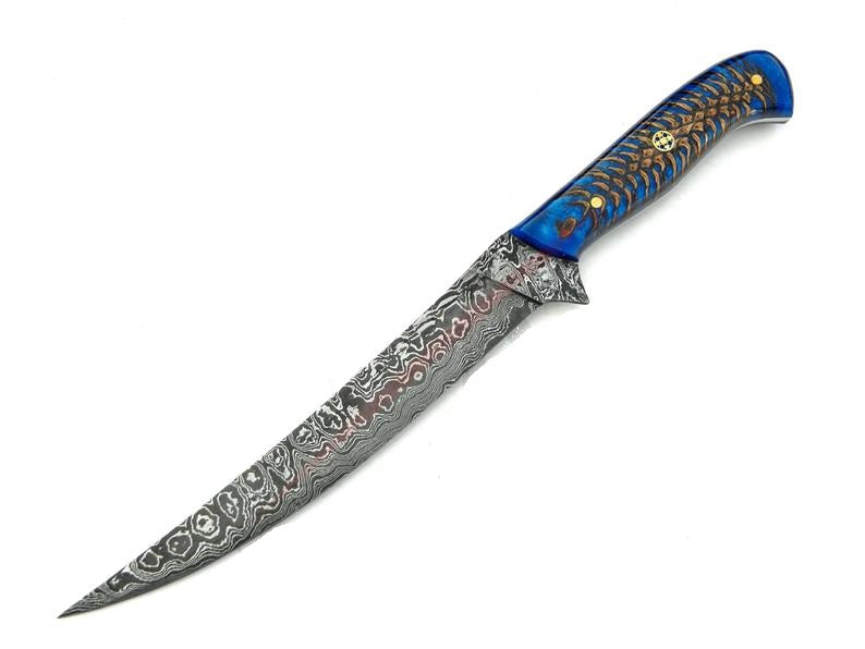 Best Fillet Knife – 13" Handmade Damascus with Blue Resin Handle