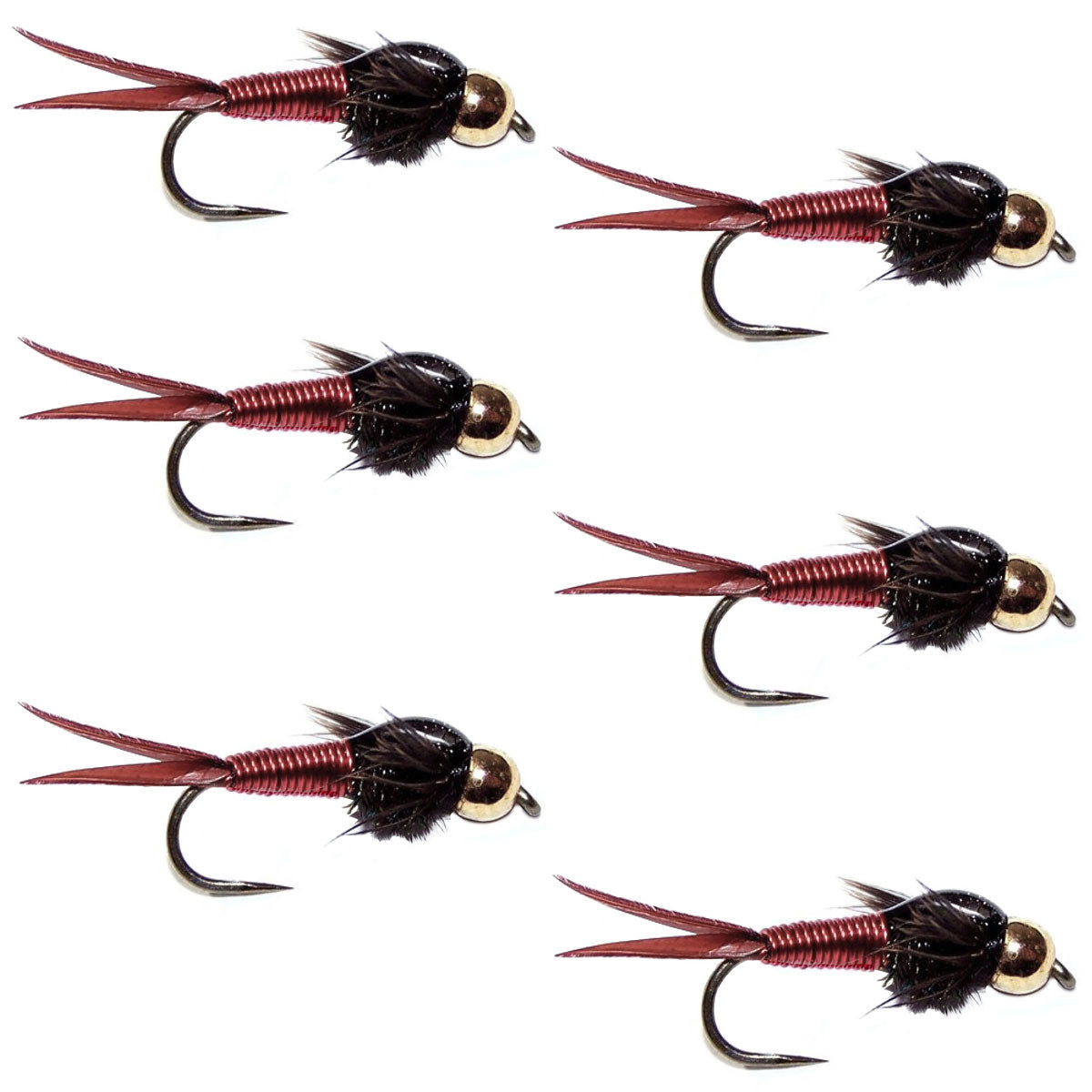 Barbless Bead Head Red Copper John Nymph Fly - 6 Flies Hook Size 12