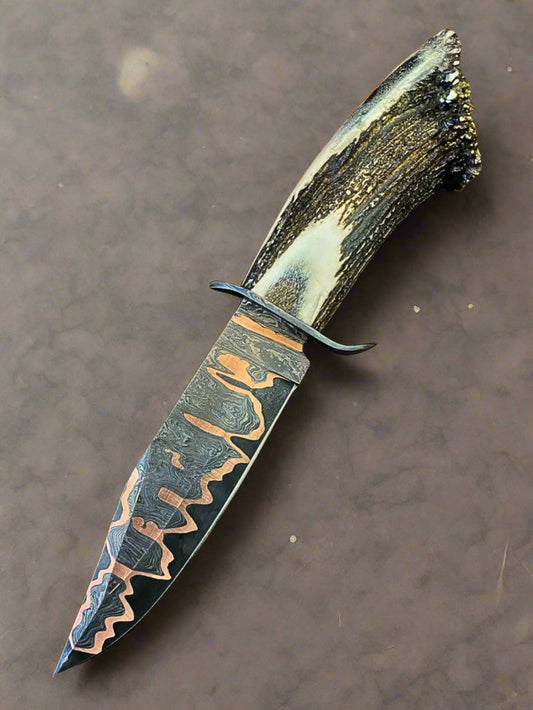 Crusader Copper & 1095 Damascus Hunting Knife with Antler Handle