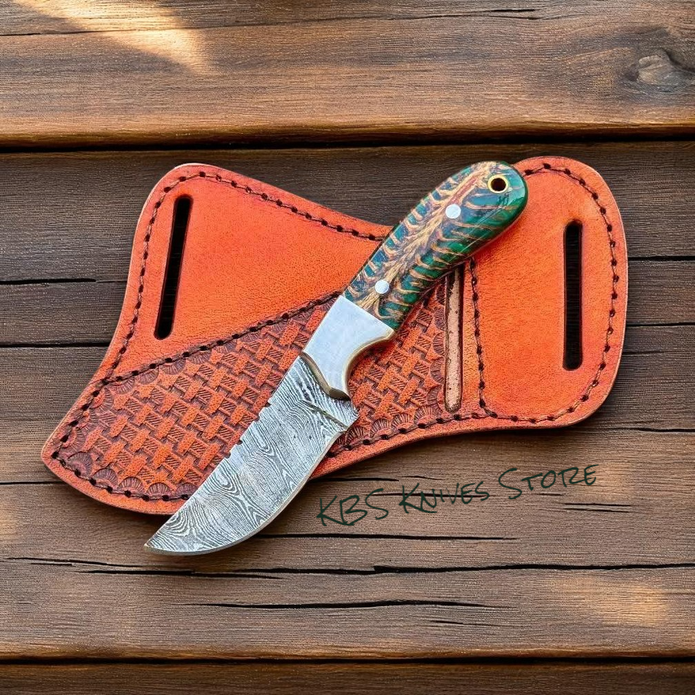 Battle Belt Knife 8" Damascus with Green Pine-Cone Handle