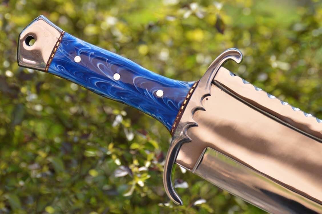 Full Tang Bowie Knife with Leather Sheath for Sale – Custom Handmade Mirror Polished D2 Steel Blade, Epoxy Resin Handle, Steel Guard & Brass Spacers | 17-Inch Hunting Knife – KBS Knives