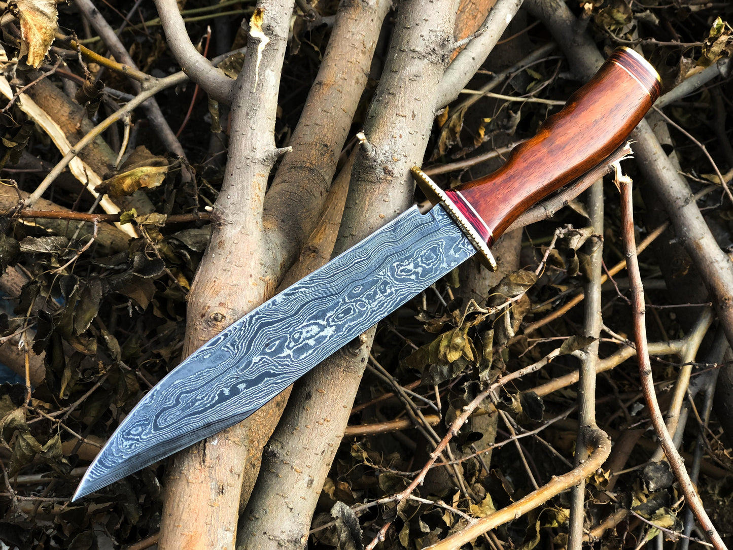 Real Bowie Knife for Sale – Custom Handmade Damascus Steel Blade with Walnut Wood Handle, Brass Guard & Leather Sheath | 14-Inch Hunting Knife – KBS Knives