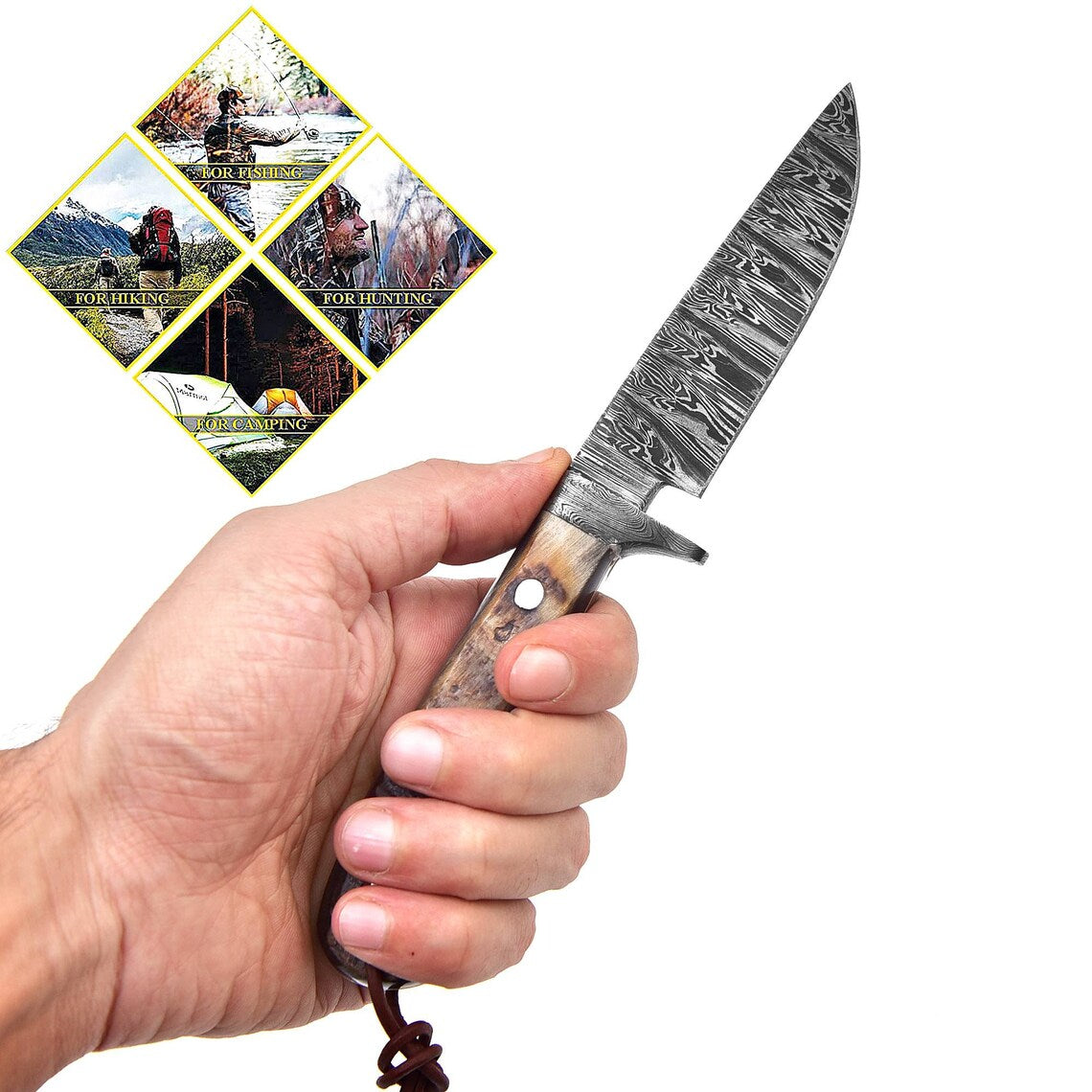 Custom Handmade Hunting Knife with Fire Pattern Damascus Steel Blade and Sheep Horn Handle, 8.25-Inch Overall Length with Leather Sheath