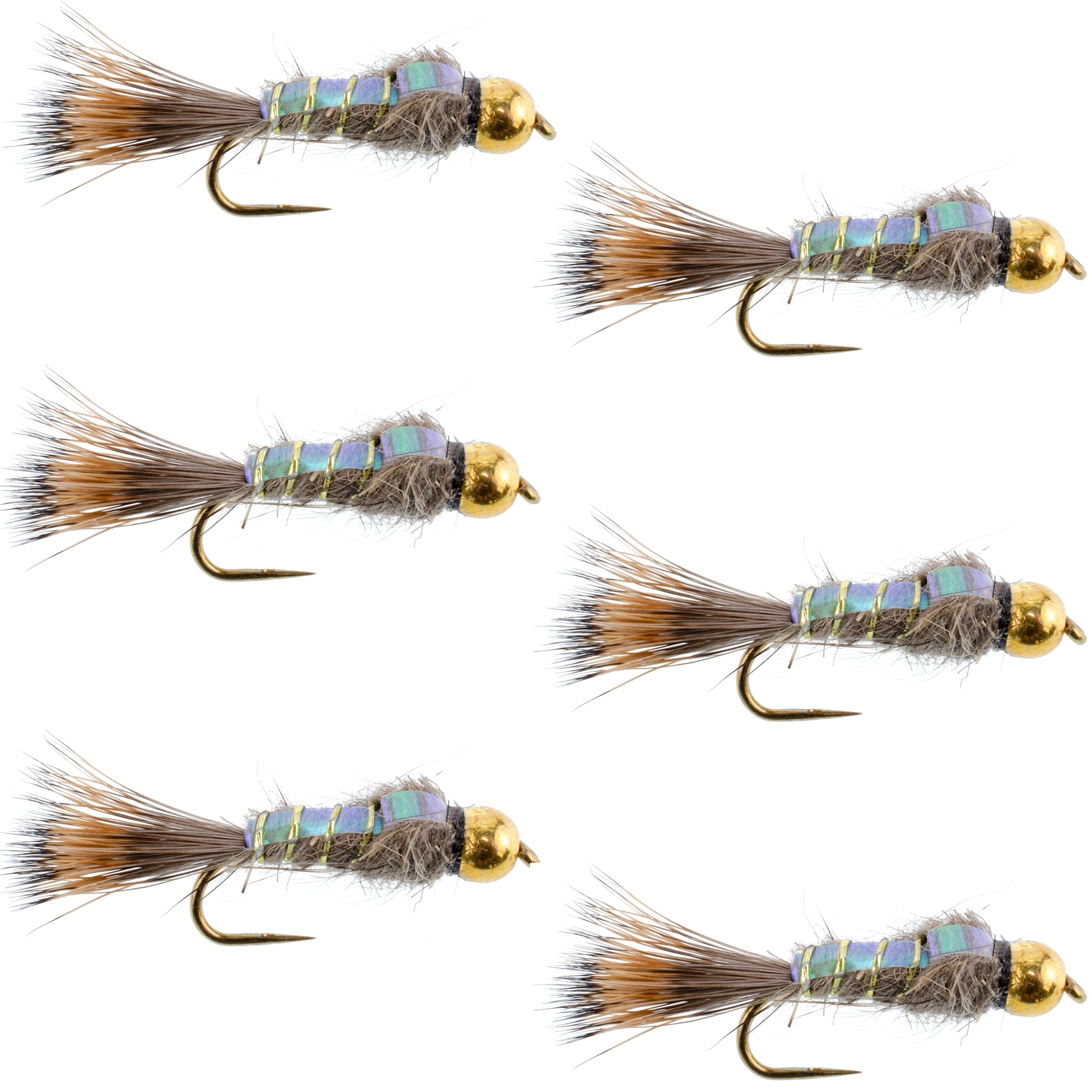 Barbless Bead Head Flash Back Gold Ribbed Hare's Ear Nymph 6 Flies Hoo