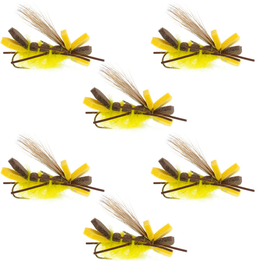 Godzilla Hopper Trout Flies - Yellow High Visibility Grasshopper or Stonefly Dry Fly - 6 Flies Hook Size 10