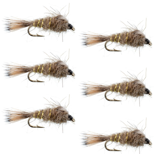 Classic Weighted Gold Ribbed Hares Ear Nymph - Set of 6 Flies - Size 18