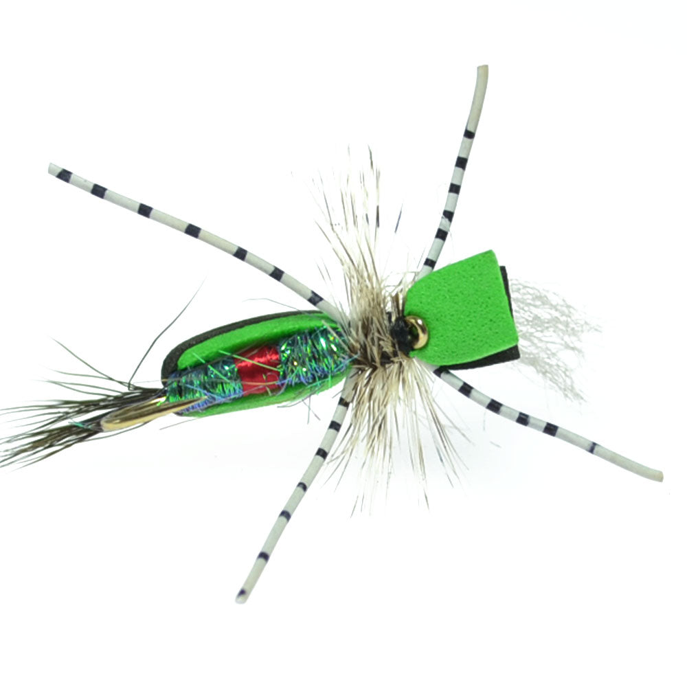 Hippie Stomper Black Green Foam Body Grasshopper Dry Fly - 4 Flies Size 10