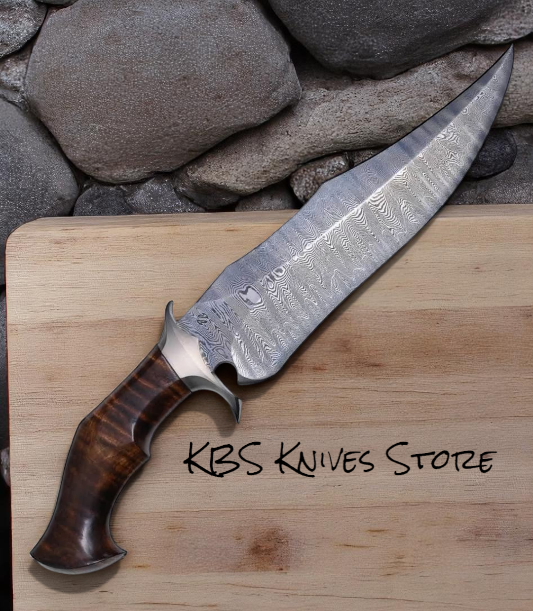 Premium Hunting Bowie Knife - 10" Damascus Steel with Rosewood Handle & Steel Guard
