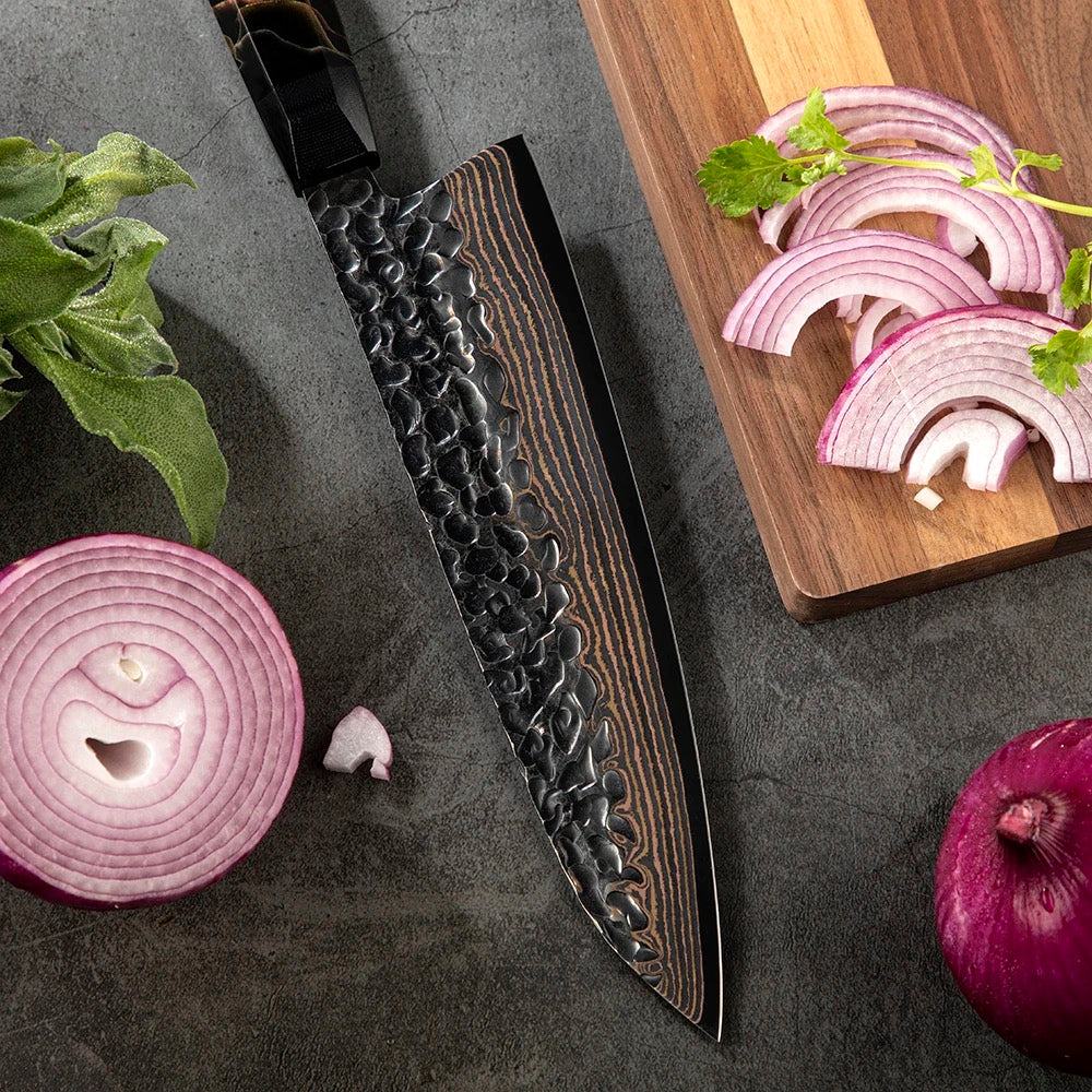 Starfall Japanese Chef Knife Set with Exotic Copper Damascus and Raffir Noble Handle