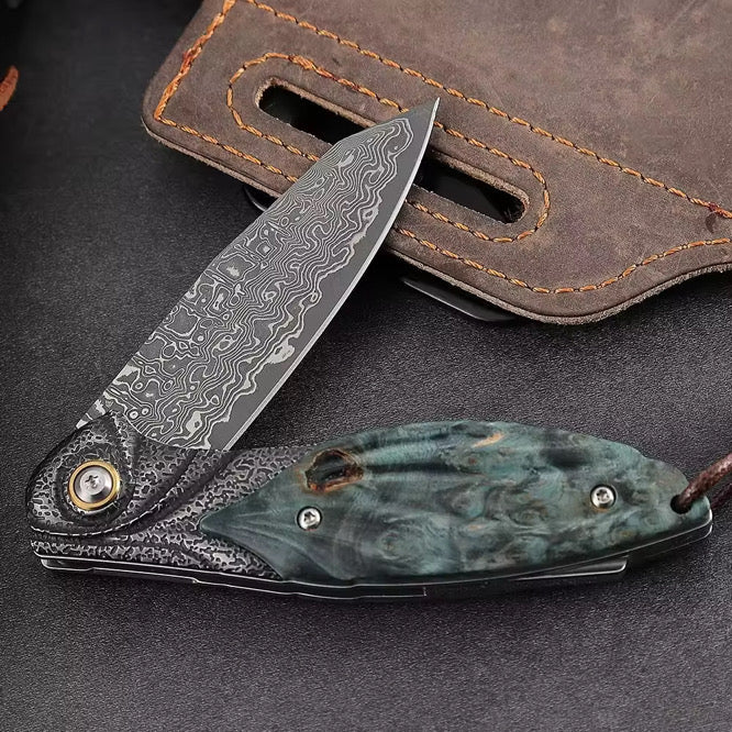 Viper Japanese Damascus Pocket Knife with Stained Maple Burl Handle