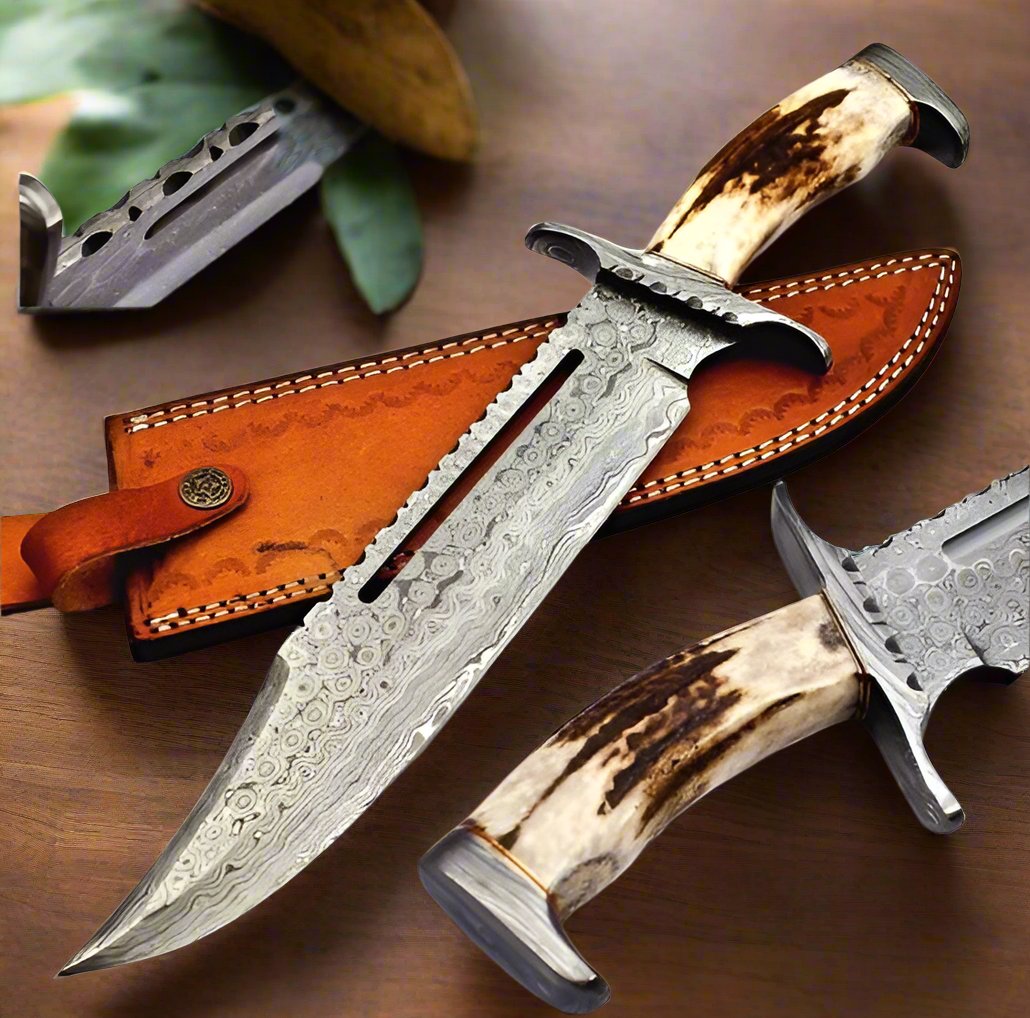 Stormbringer Bowie Knife – Custom 16" Raindrops Damascus Steel Blade with Antler Horn Handle