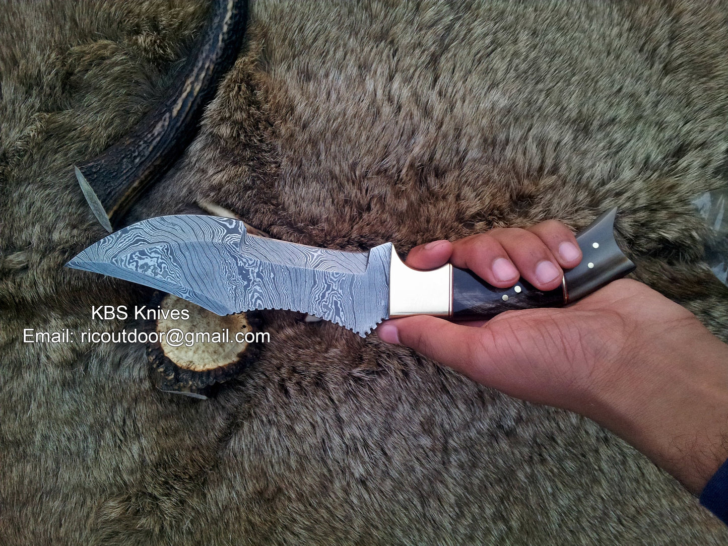 Damascus Steel Blade Tracker Knife with Buffalo Horn Handle & Leather Sheath – Custom Handmade 12-Inch Survival Knife by KBS Knives