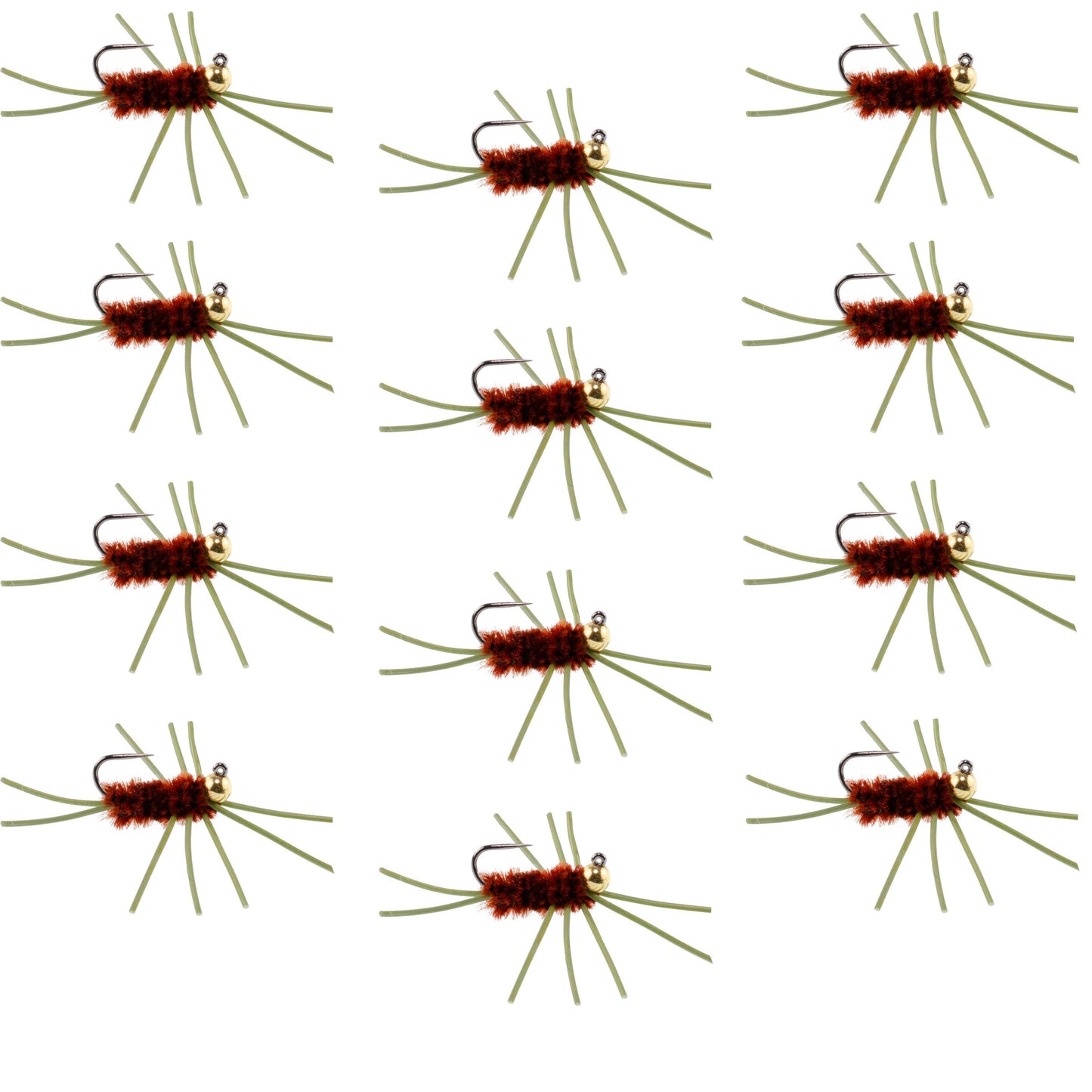 Barbless Pat's Rubber Legs Tungsten Bead Jigged Brown Euro Nymph - Set of 12 Flies Hook Size 10