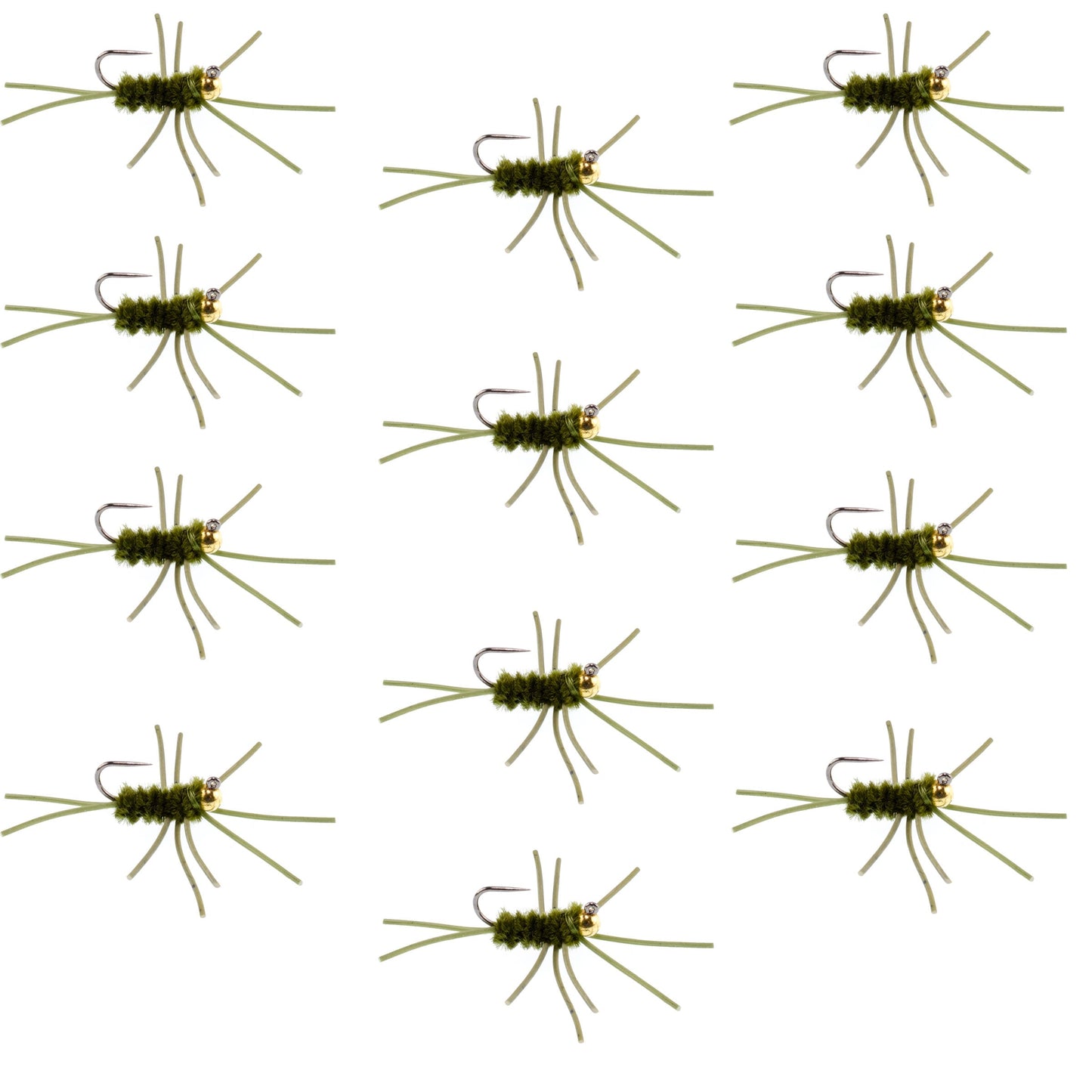 Barbless Pat's Rubber Legs Tungsten Bead Jigged Dark Olive Euro Nymph - Set of 12 Flies Hook Size 10