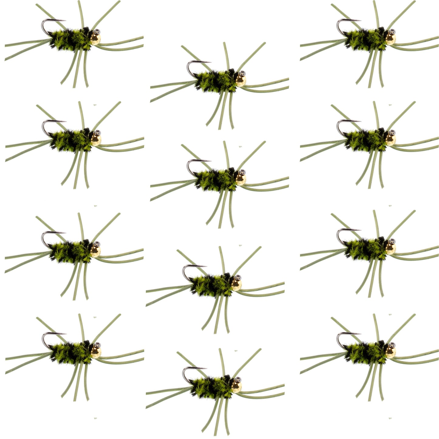Barbless Pat's Rubber Legs Tungsten Bead Jigged Black/Olive Euro Nymph - Set of 12 Flies Hook Size 10