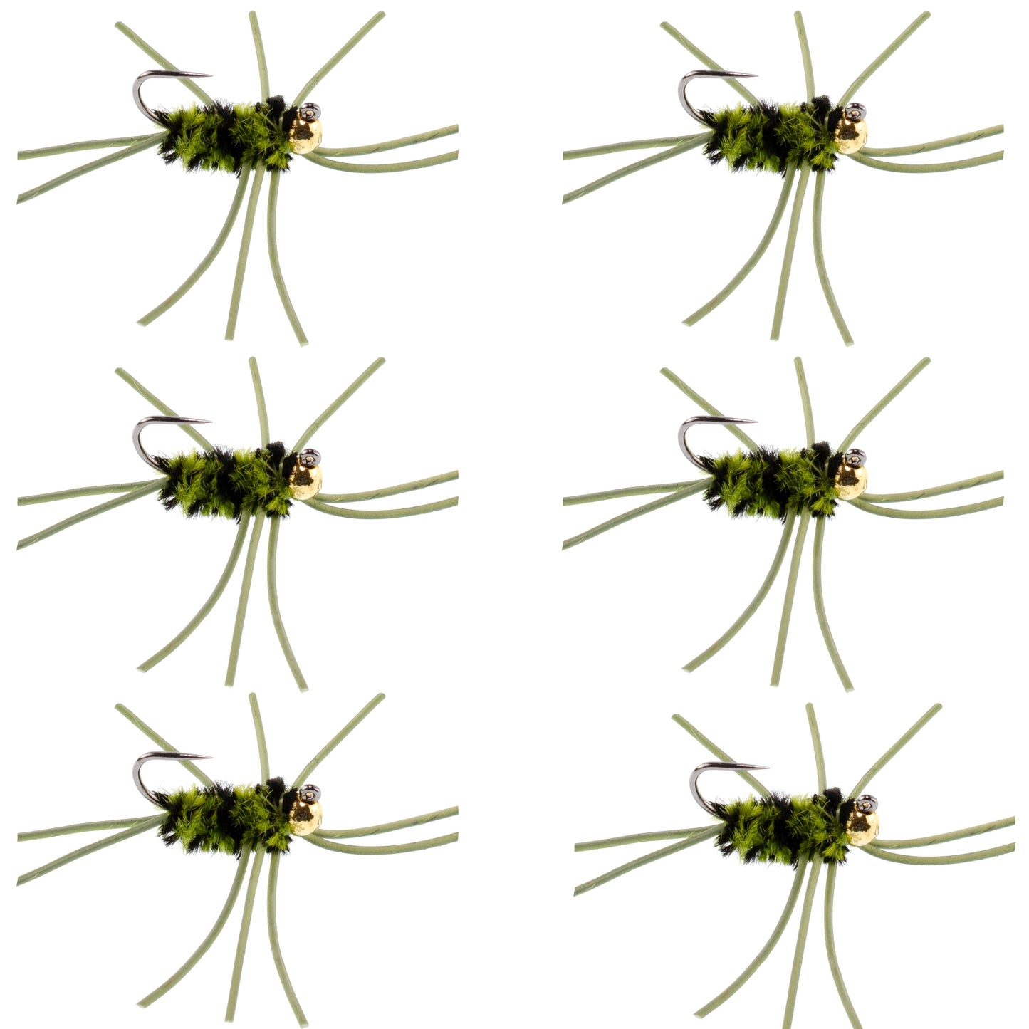 Barbless Pat's Rubber Legs Tungsten Bead Jigged Olive/Black Euro Nymph - Set of 6 Flies Hook Size 10