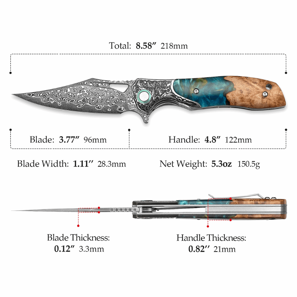 Ares Japanese Handmade Pocket Knife with Olive Burl Wood & Resin Handle