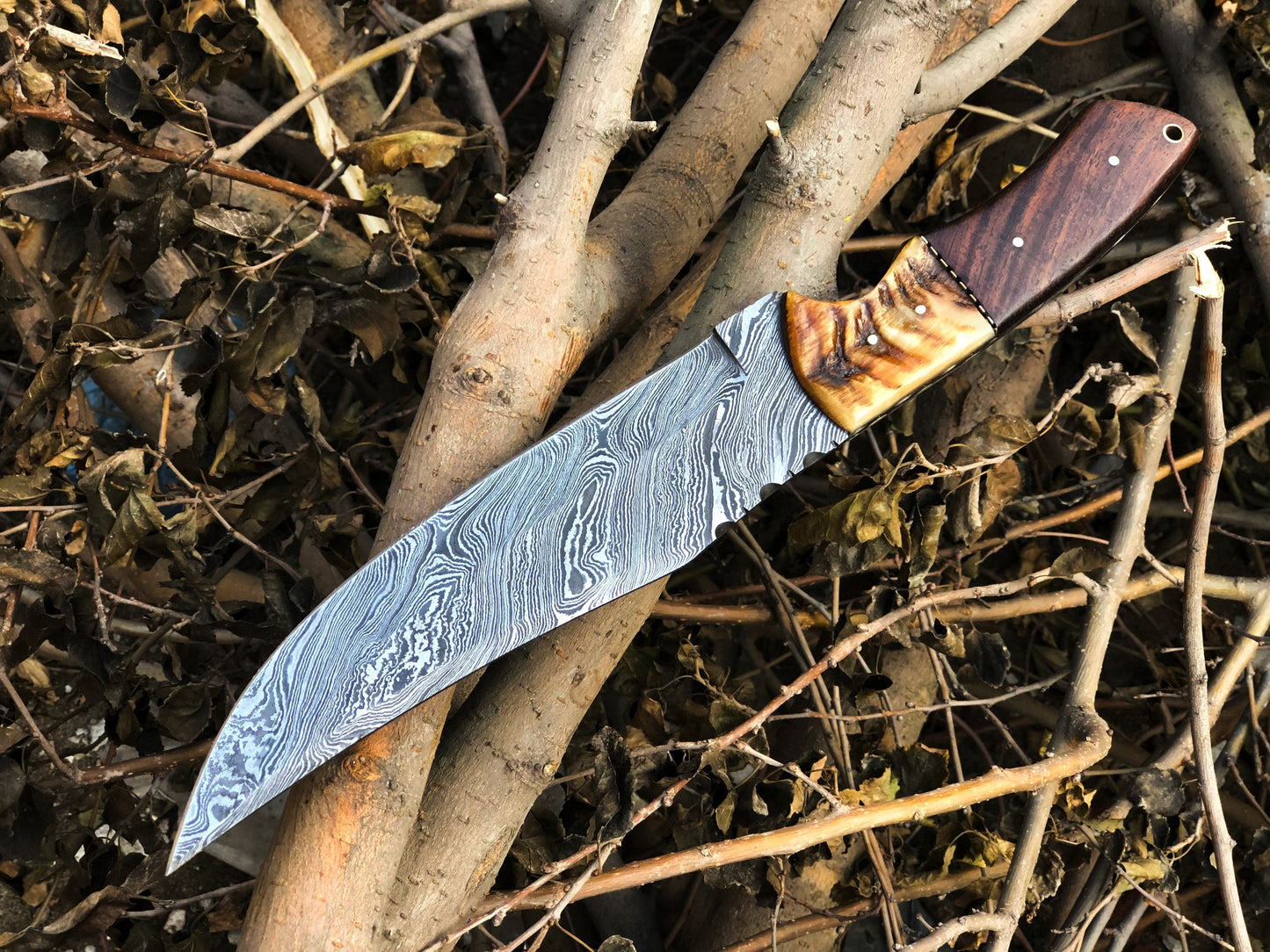 Custom Handcrafted Damascus Steel Hunting Bowie Knife with Rosewood & Sheep Horn Handle – 13-Inch Blade for Sale by KBS Knives