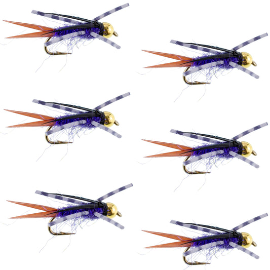 Bead Head Purple Batman Rubber Legs Nymph Fly - 6 Flies Hook Size 14