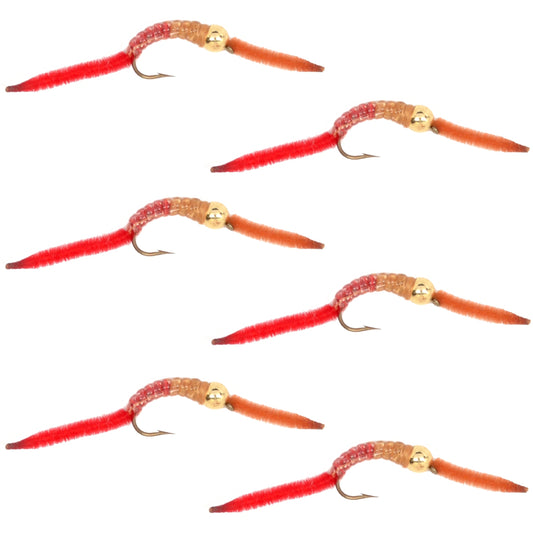 San Juan Worm Gold Bead Power Worm  Half and Half - Set of 6 Nymph Flies Hook Size 10
