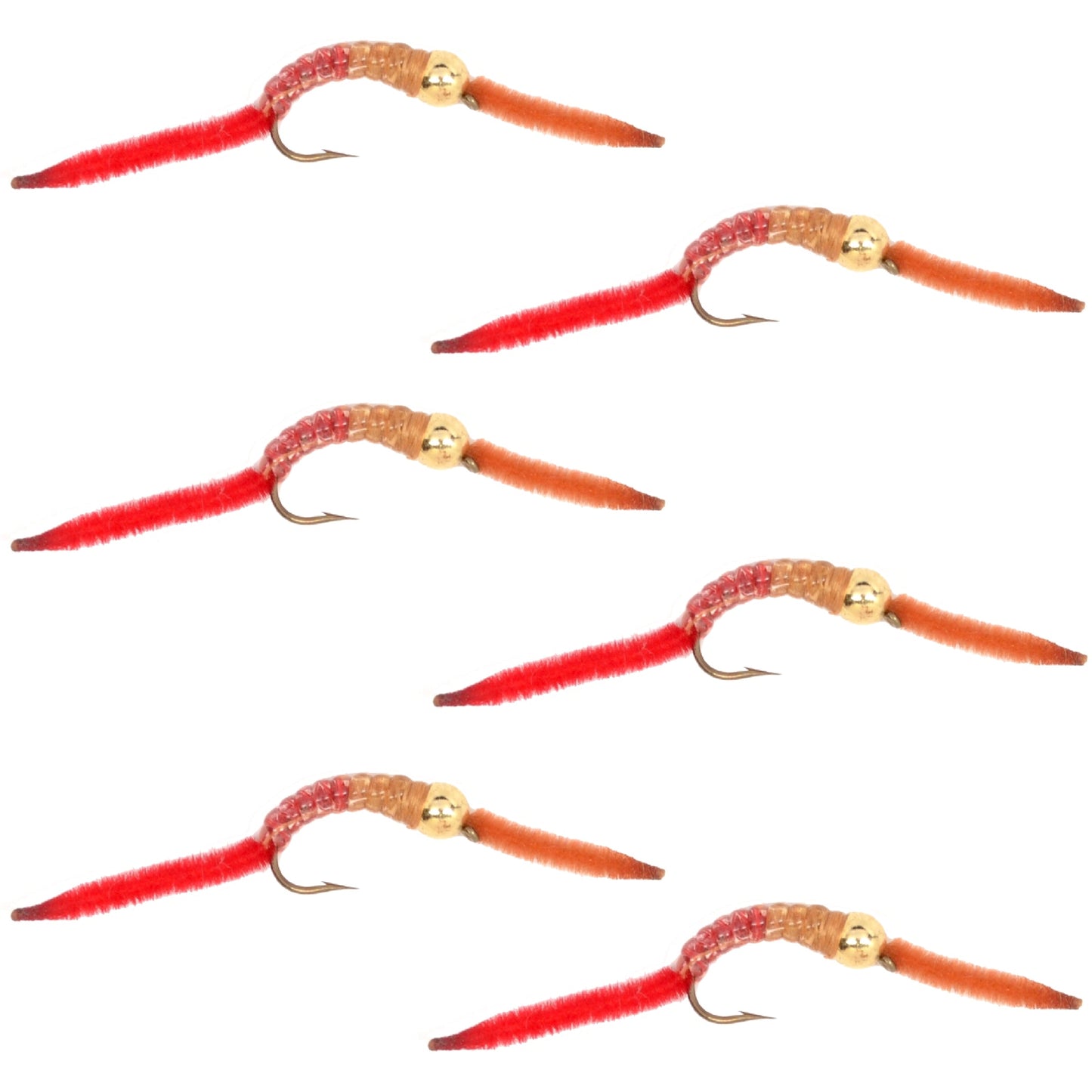 San Juan Worm Gold Bead Power Worm Half and Half - Set of 6 Nymph Flies Hook Size 14
