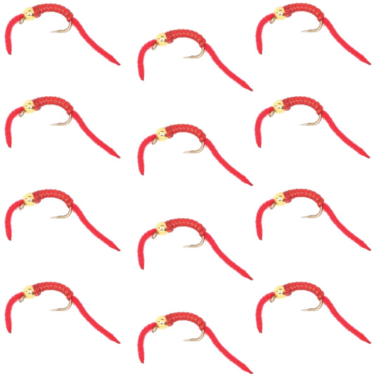 San Juan Worm Bead Head Power Worm Red V-Rib - 1 Dozen Nymph Flies Hook Size 10