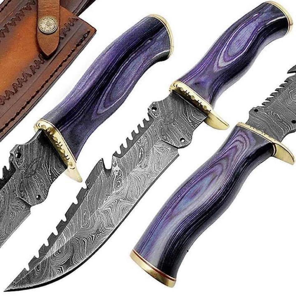 Survival Bowie Knife with Leather Sheath for Sale – Custom Handmade Damascus Steel Blade, Exotic Wood Handle with Brass Guard | 13-Inch Hunting Knife – KBS Knives