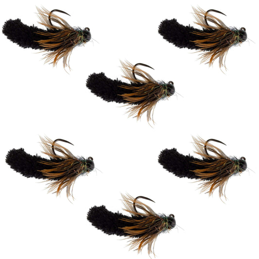 Tungsten Bead Black Mop Fly Tactical Jig Czech Euro Nymph Barbless Fly 6 Flies - Size 14