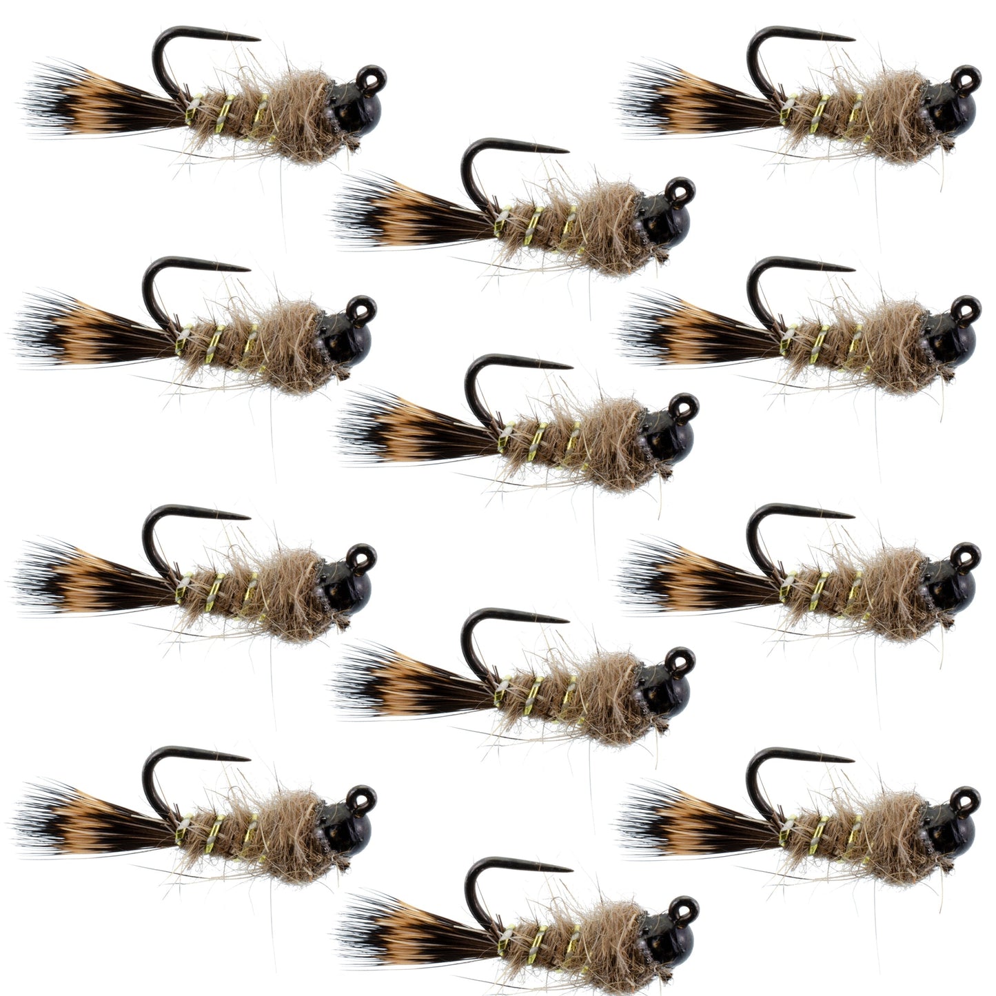 Black Tungsten Bead Tactical Hares Ear Czech Nymph Euro Nymphing Fly - 1 Dozen Flies Size 12