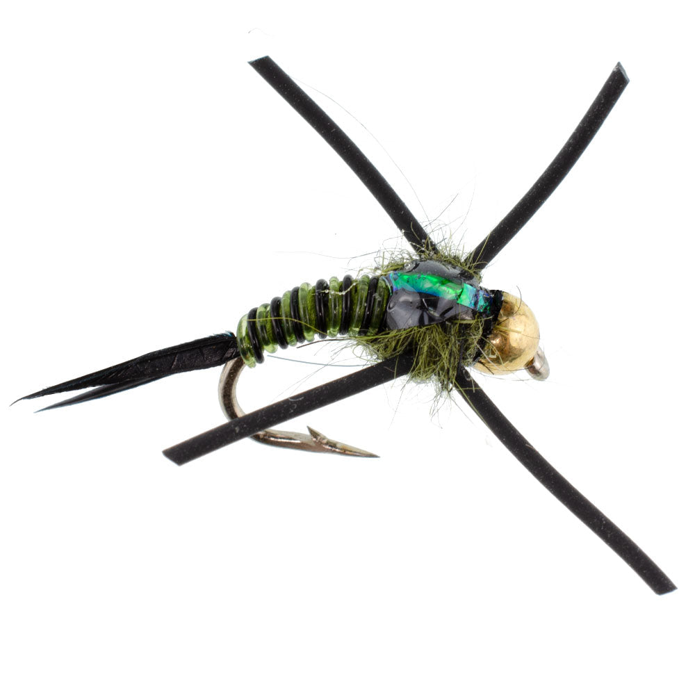 Tungsten Bead Head Rubber Legs Black Olive Zebra Copper John Nymph Fly Fishing Flies - 1 Dozen Flies Hook Size 14