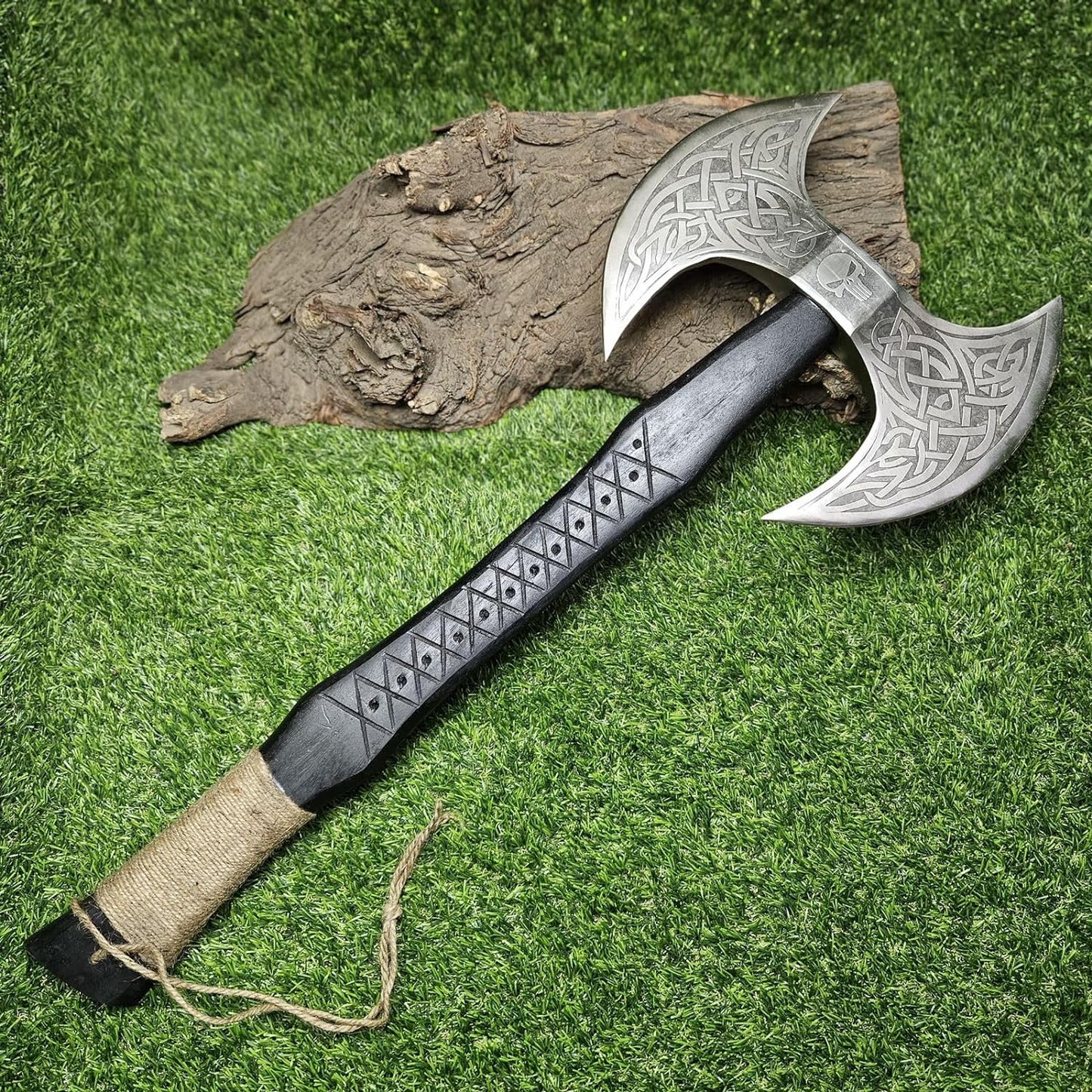 Viking Axe with Custom Handmade Forged 1095 Steel Double Sided Blade and Hand Engraved Black Ash Wood Handle – Thor’s Fury